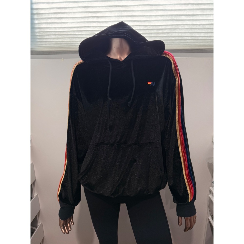 Aviator Nation Womens Rainbow Stripe Hoodie Black Velour Sweatshirt Retro Chic S